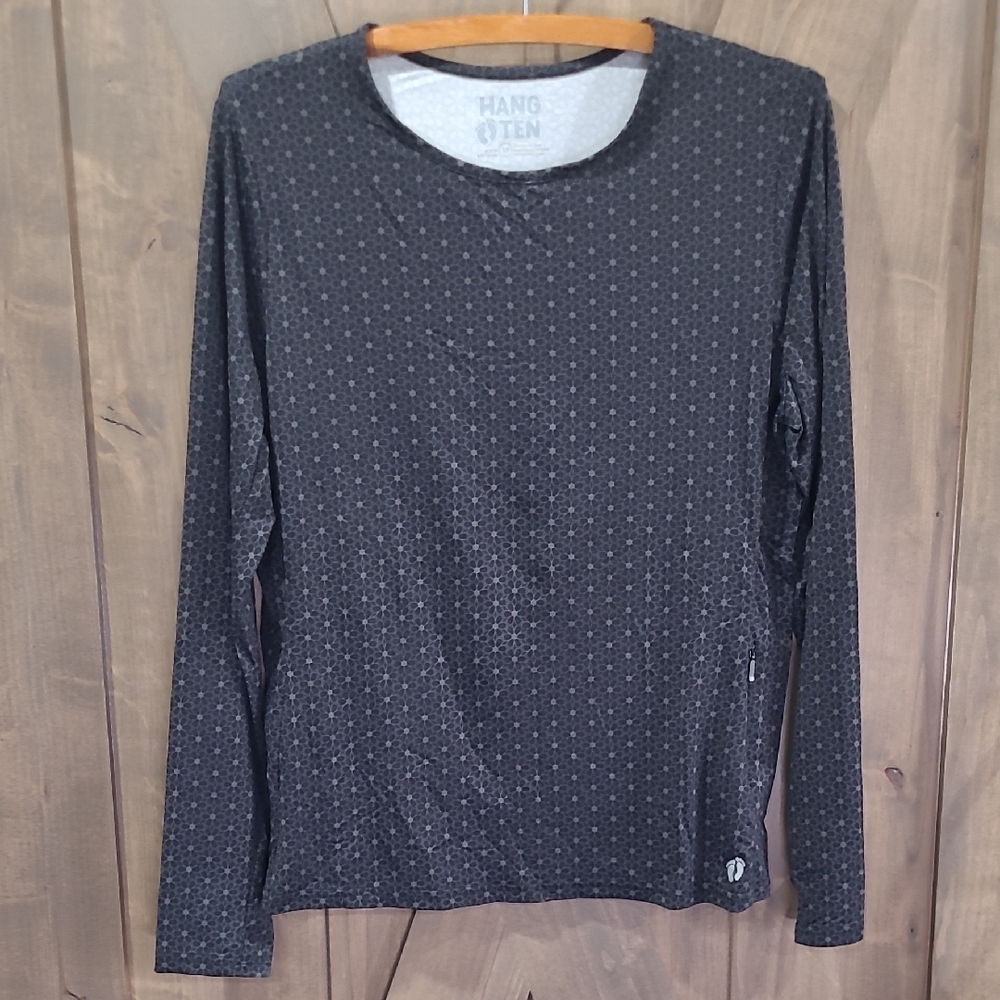 Hang Ten Long-Sleeve Crewneck Swim Shirt Black Charcoal Floral M